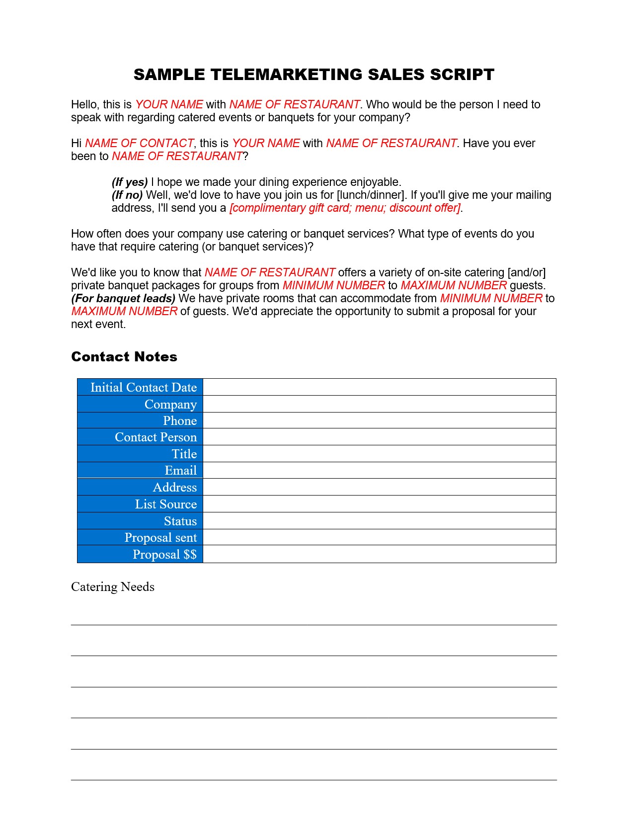 catering banquet telemarketing script
