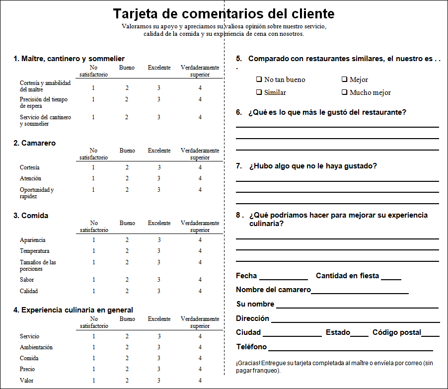 guest comment card spanish version comment card