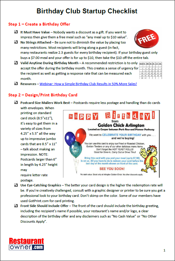 Birthday Club Startup Checklist RestaurantOwner