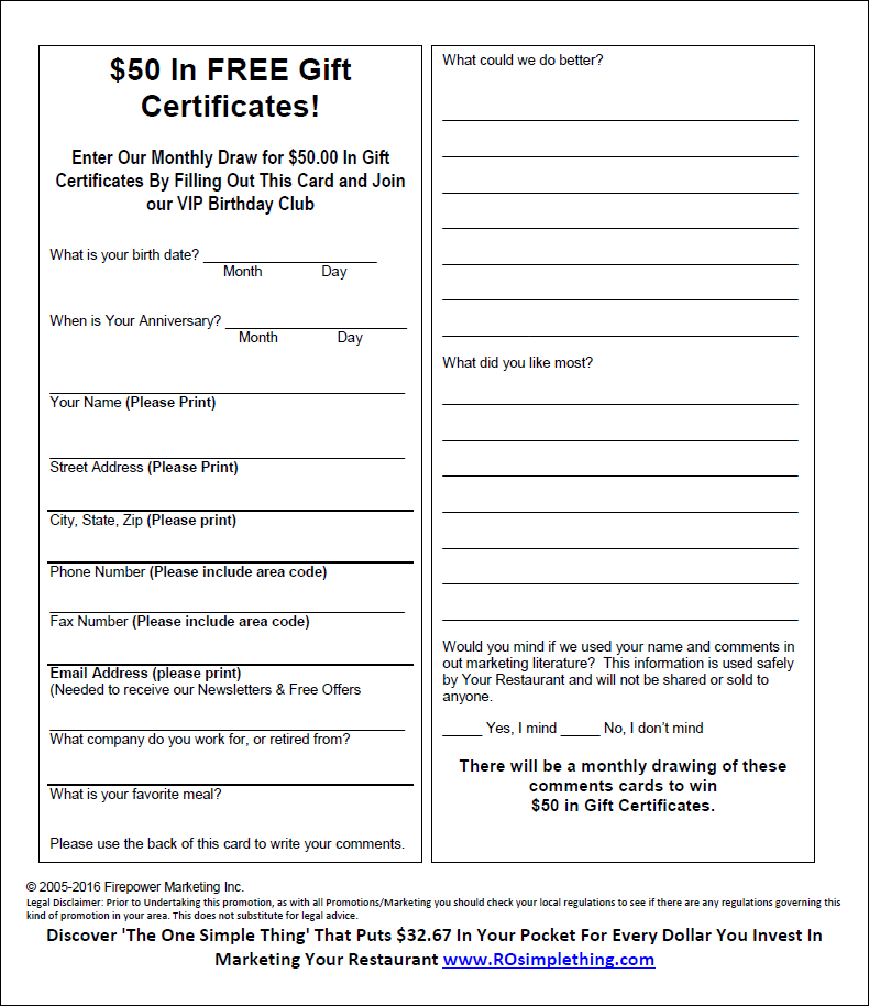 customer comment card restaurant comment card