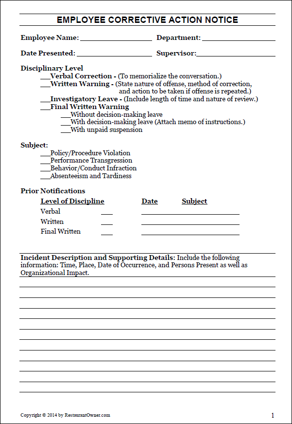 employee reprimand form