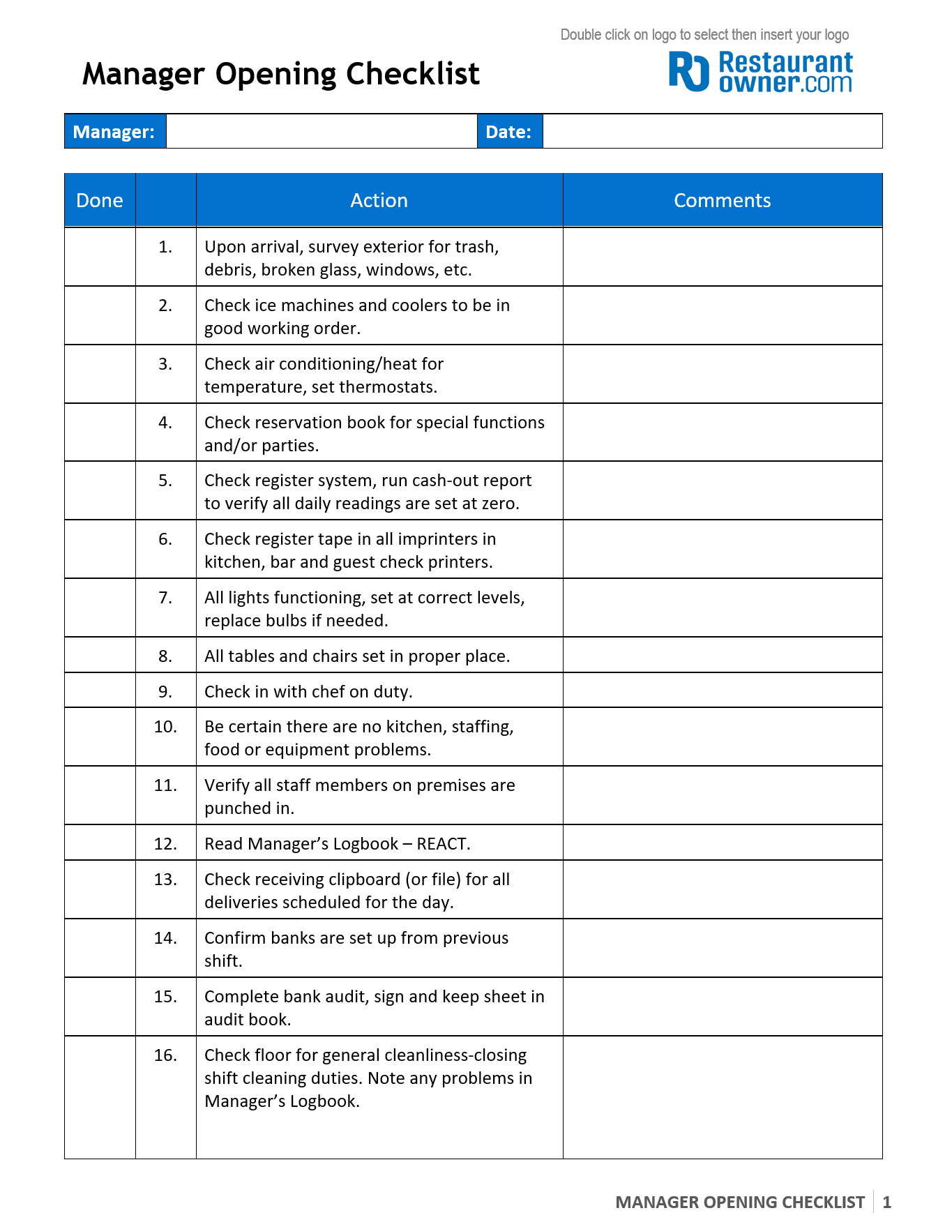 Bar Opening And Closing Checklist Template Printable Templates