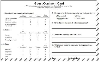 system comment cards restaurant comment card