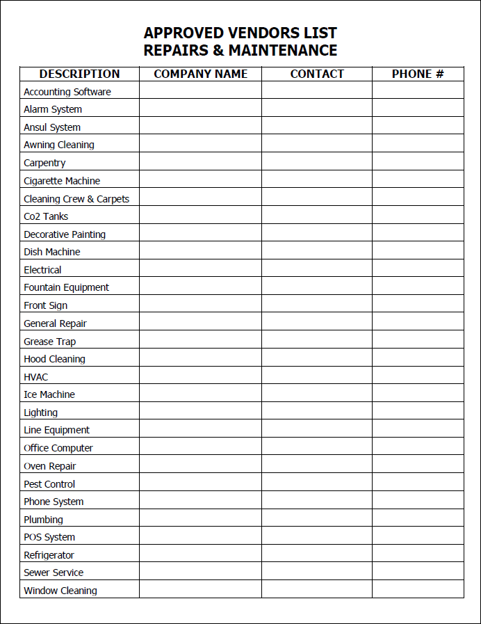 vendor list excel template