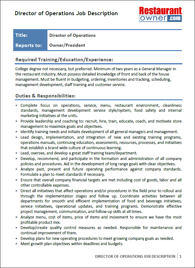 Operations Manager Job Description