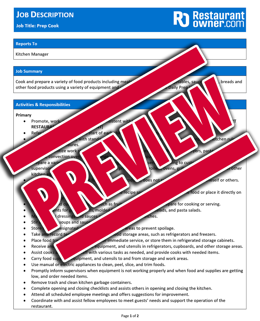 Prep Cook Job Description RestaurantOwner