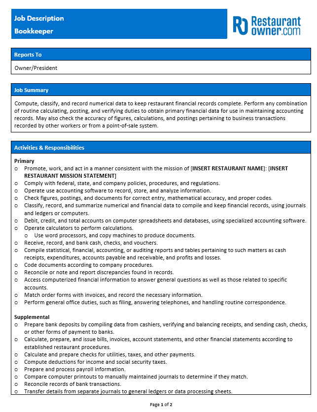 Bookkeeper Job Description RestaurantOwner