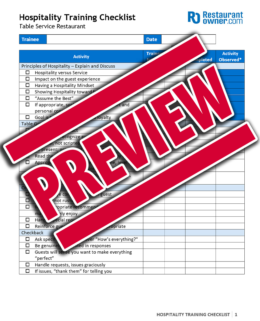 Hospitality Training Checklist