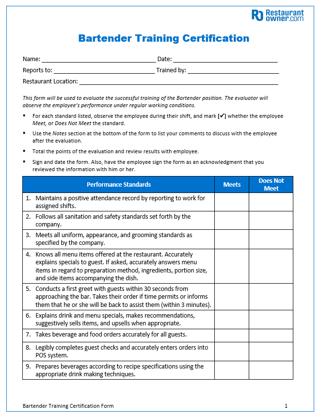Bartender Training Certification Form | RestaurantOwner