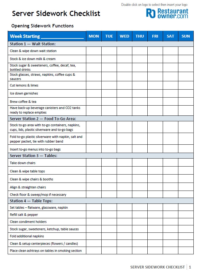Restaurant Server Sidework Responsibility Checklist
