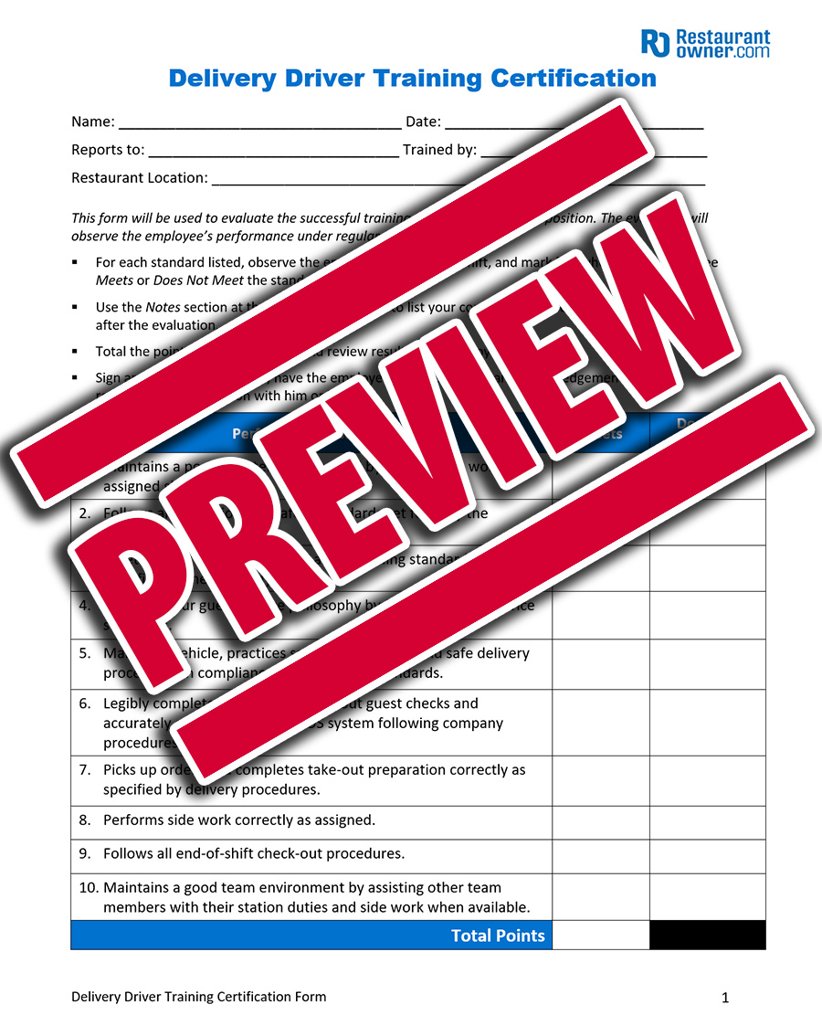 Delivery Training Evaluation & Certification Form | RestaurantOwner