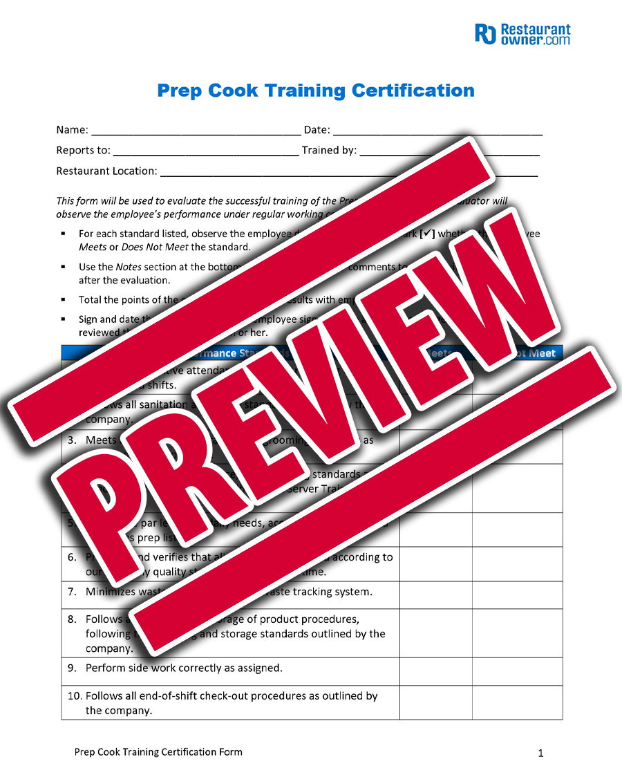 Prep Cook Certification Form – Editable Evaluation Tool | RestaurantOwner