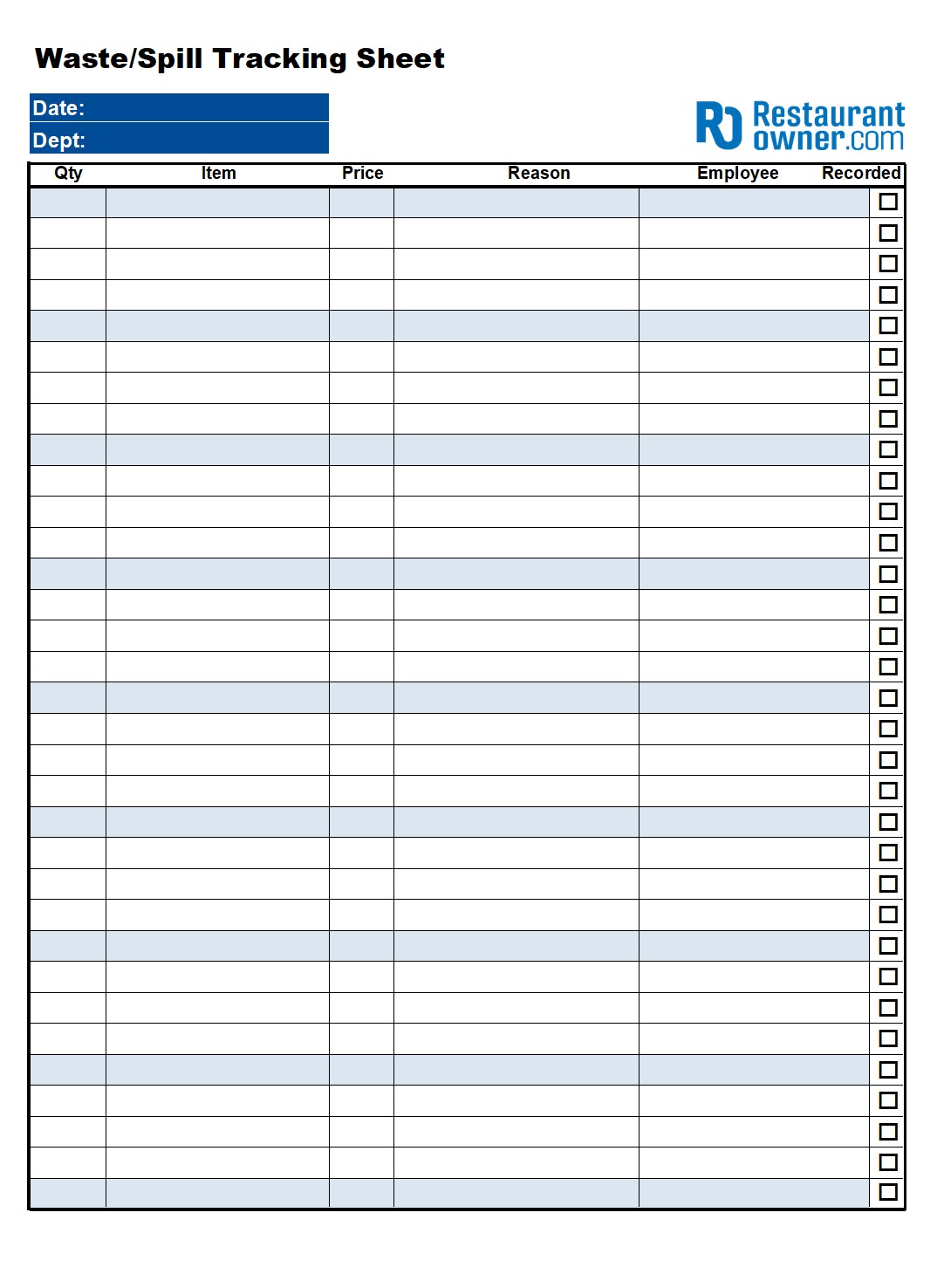 Printable Restaurant Waste/Spill Tracking Sheet