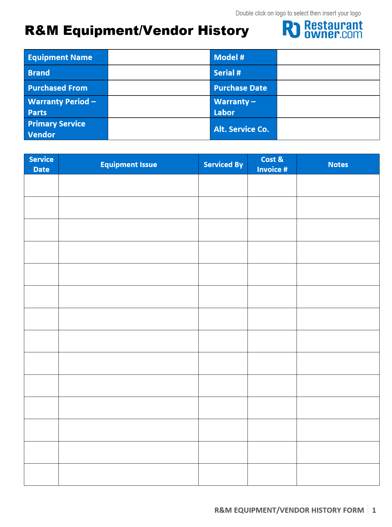 Restaurant Maintenance History Log The Restaurant Maintenance History Log