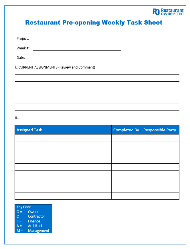 restaurant preopening weekly task sheet