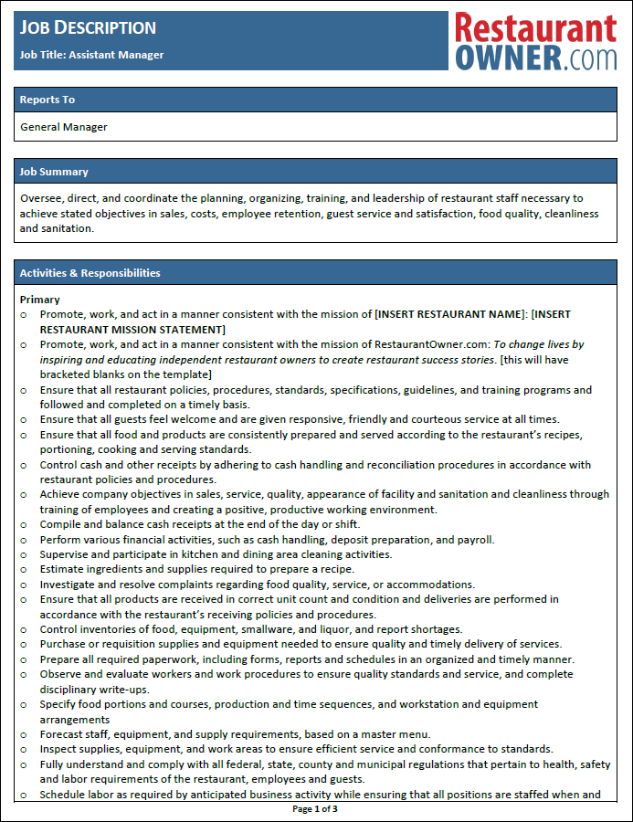 assistant restaurant manager job description
