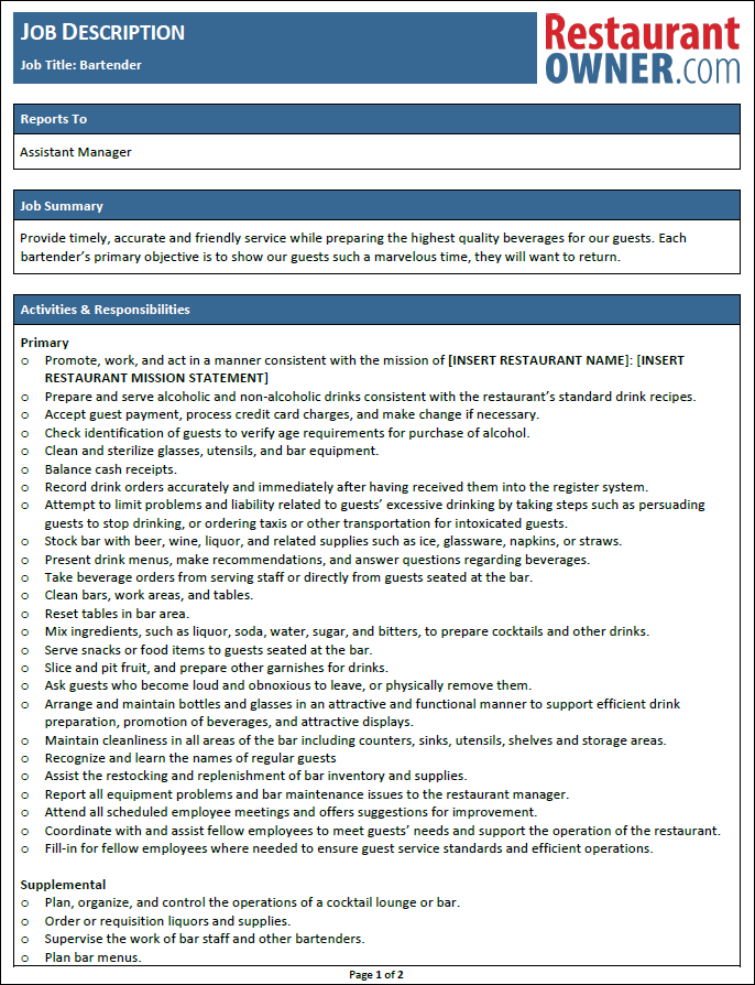 job description for bartender