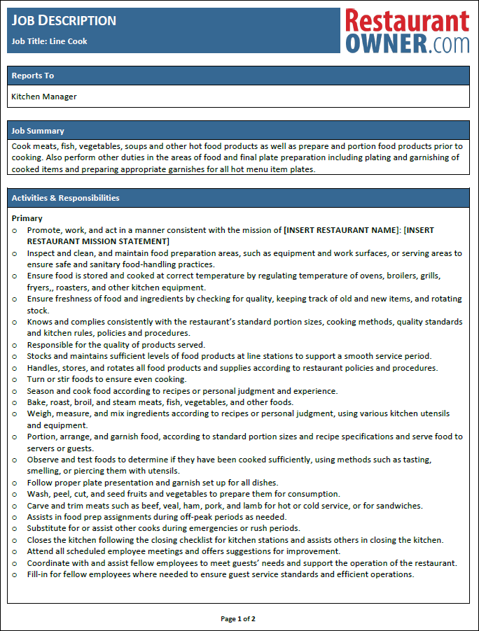 line cook responsibilities