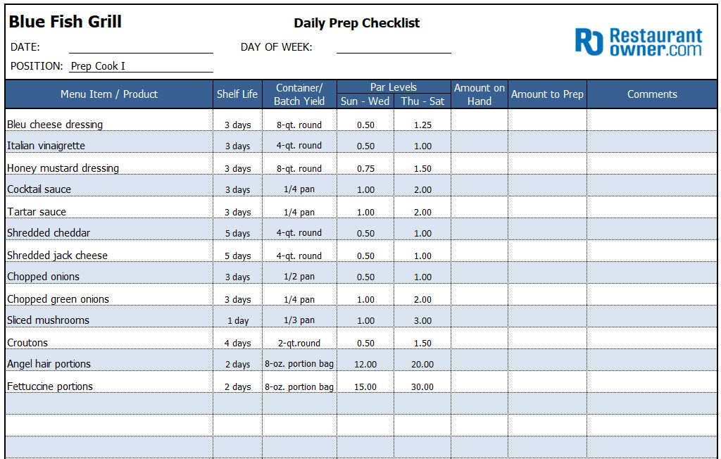 Restaurant Kitchen Prep List Template