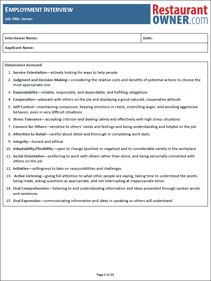 interview questions for restaurant