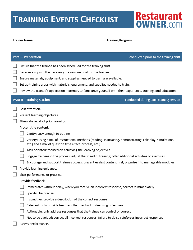 training events checklist training check list