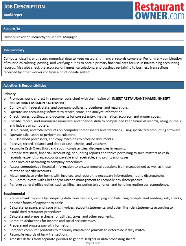 Job Descriptions Tableservice Restaurant